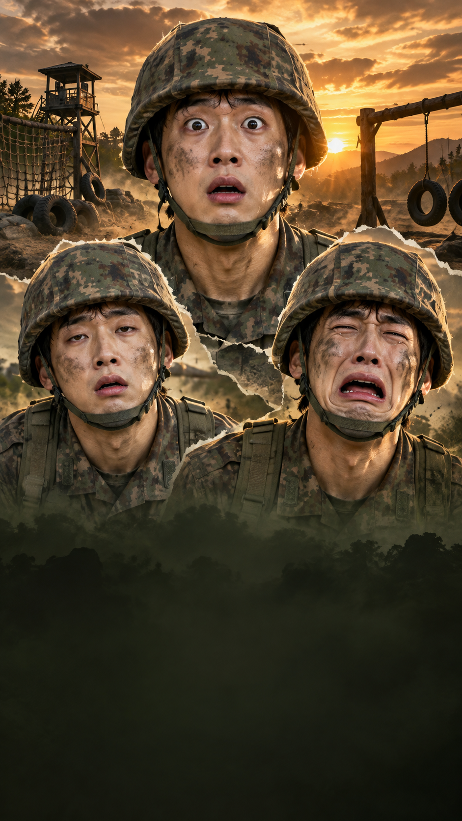 놀라고 지친 군인들의 훈련소 밈 콜라주